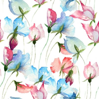 Фотообои розовые и синие цветы на белом фоне