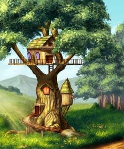 лес, дом, на дереве, солнце, сказка